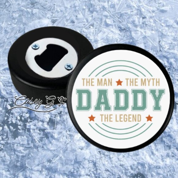 NEW**Man, Myth, Legend Daddy Hockey Puck Bottle Opener**STOCKING Stuffer! - Picture 1 of 2